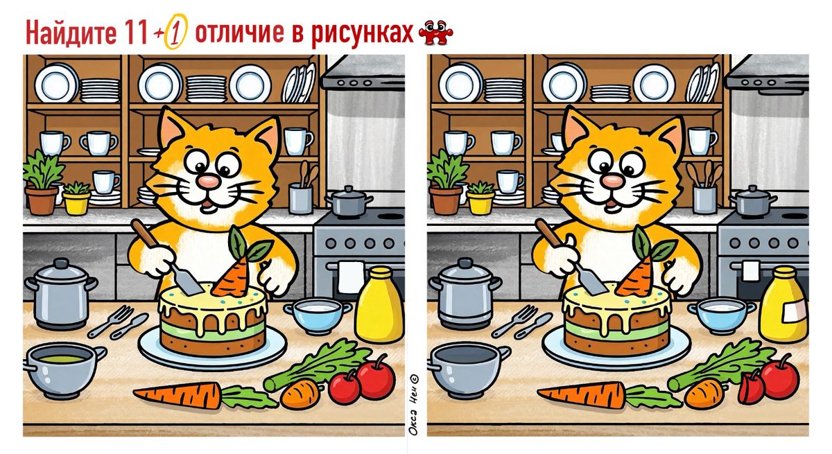Найдите 12 отличий на кухне с котом Кешей